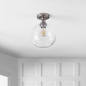 Marla 9.75" Bohemian Farmhouse Iron/Seeded Glass LED Semi Flush Mount - JONATHAN Y